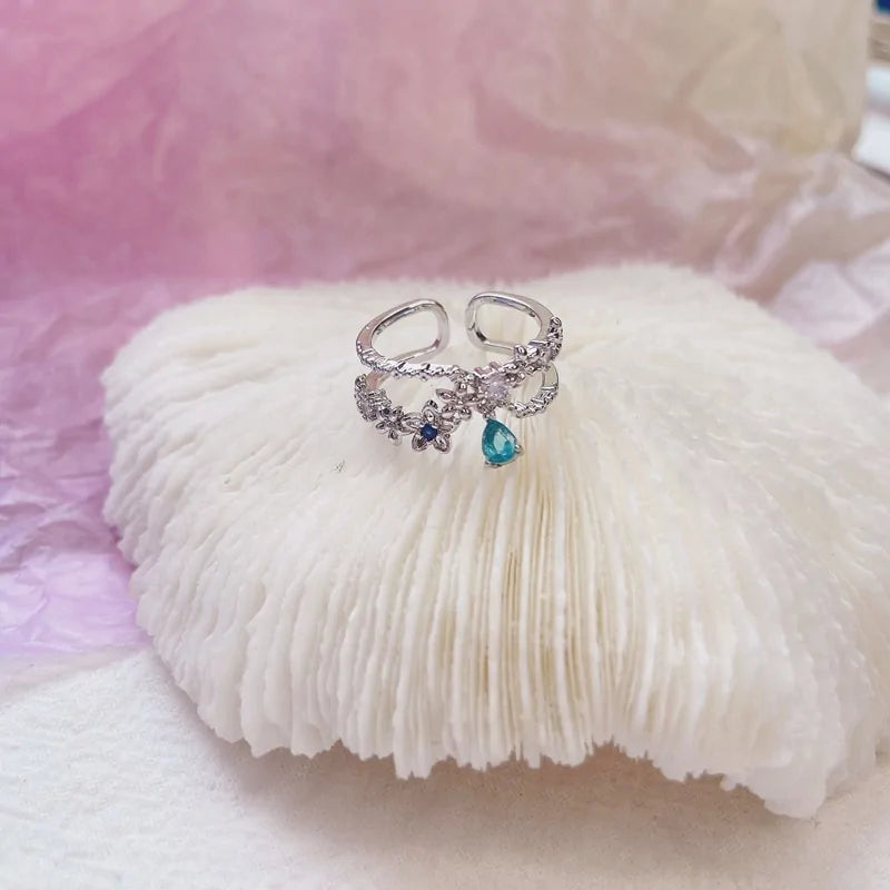 Korean Heart Crystal Flower Rings