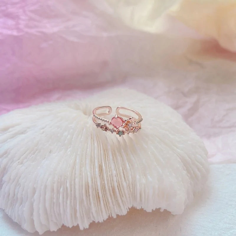 Korean Heart Crystal Flower Rings