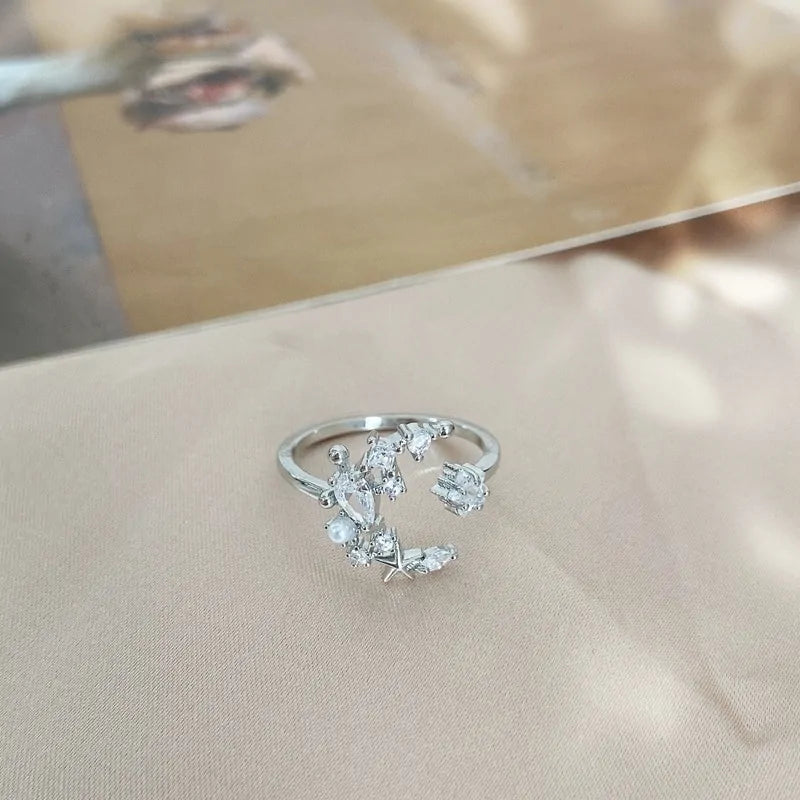 Korean Heart Crystal Flower Rings