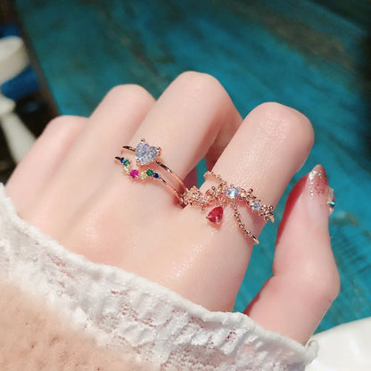 Korean Heart Crystal Flower Rings