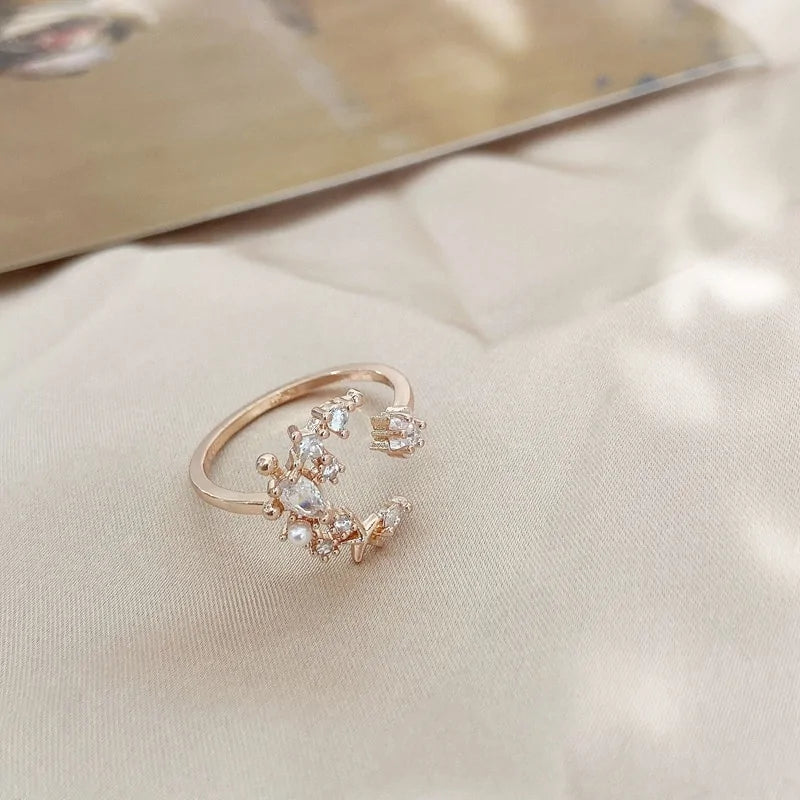 Korean Heart Crystal Flower Rings