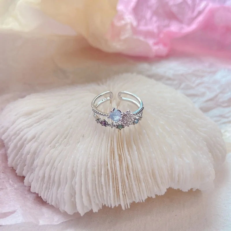 Korean Heart Crystal Flower Rings