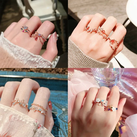 Korean Heart Crystal Flower Rings