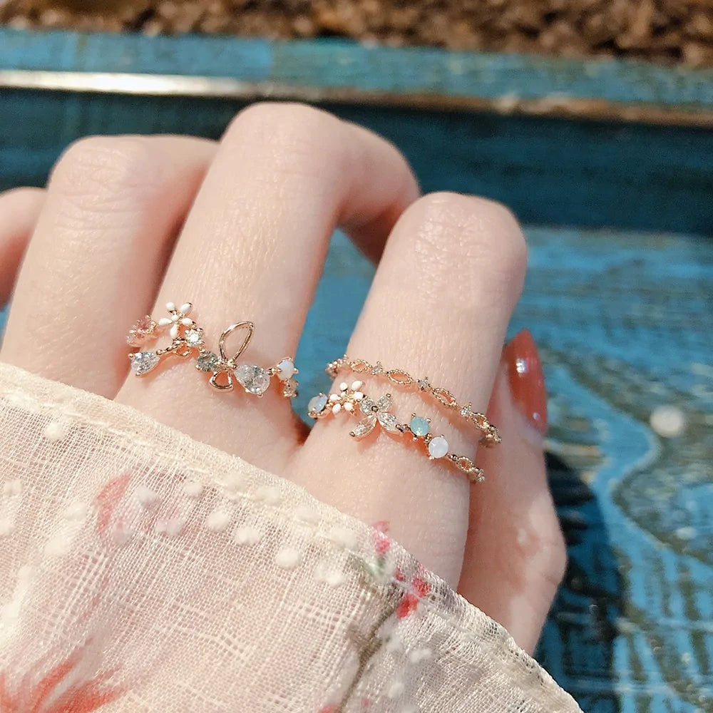 Korean Heart Crystal Flower Rings